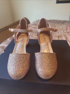 Girls Glitter Rose Gold Ankle Strap Heels